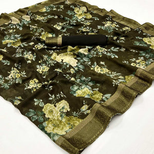 Mehendi Green Floral Printed Georgette Saree