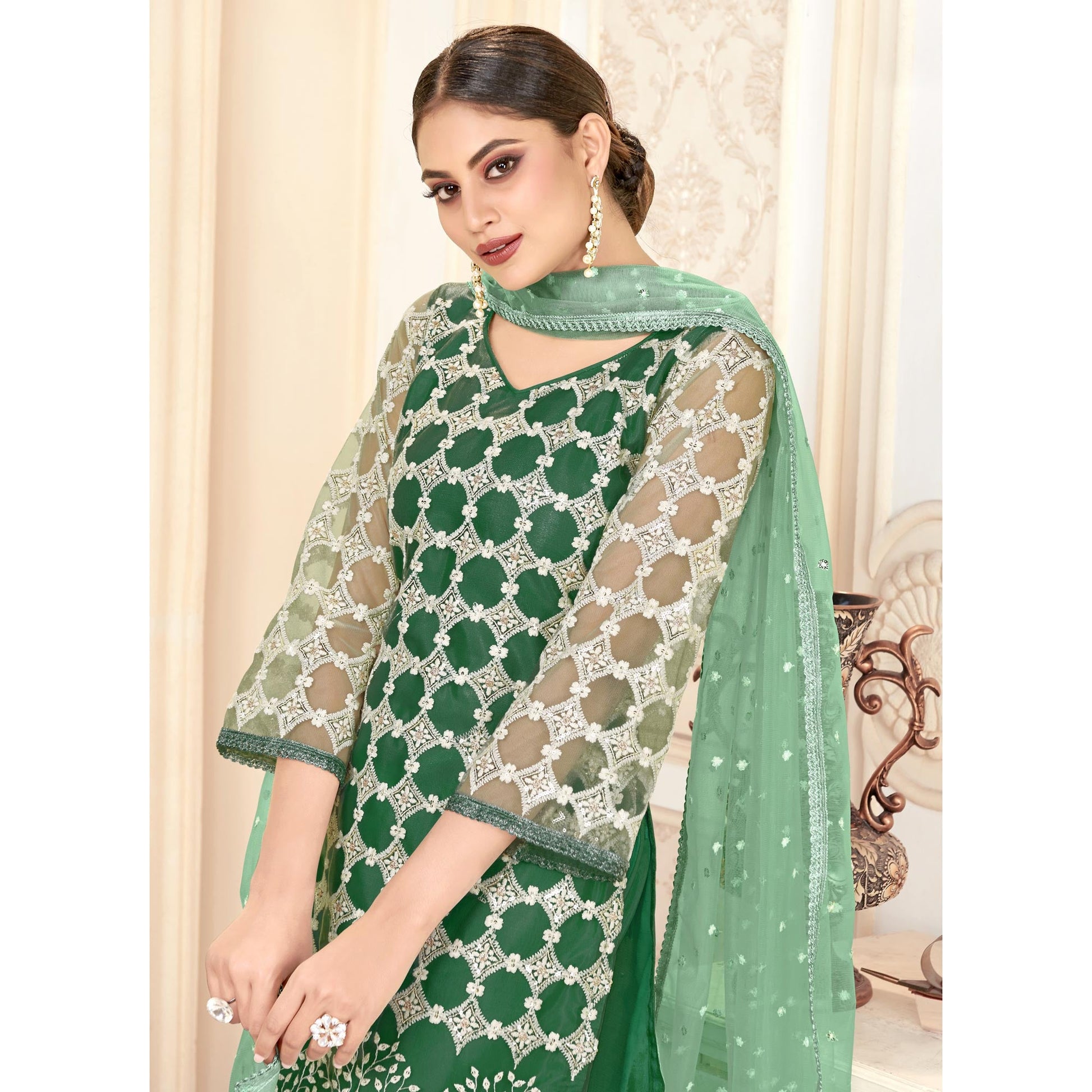 green-sequins-embroidered-net-semi-stitched-suit