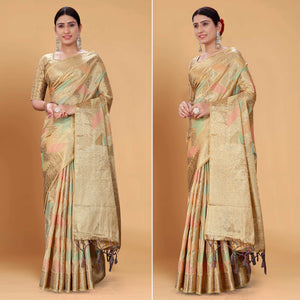 Chikoo Woven Organza Saree With Tassels