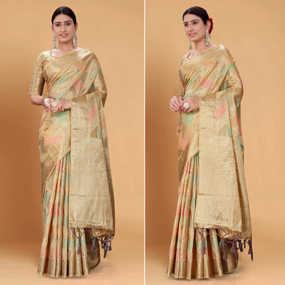 Chikoo Woven Organza Saree With Tassels