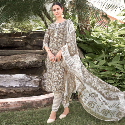 Brown Floral Printed Cotton Blend Suit