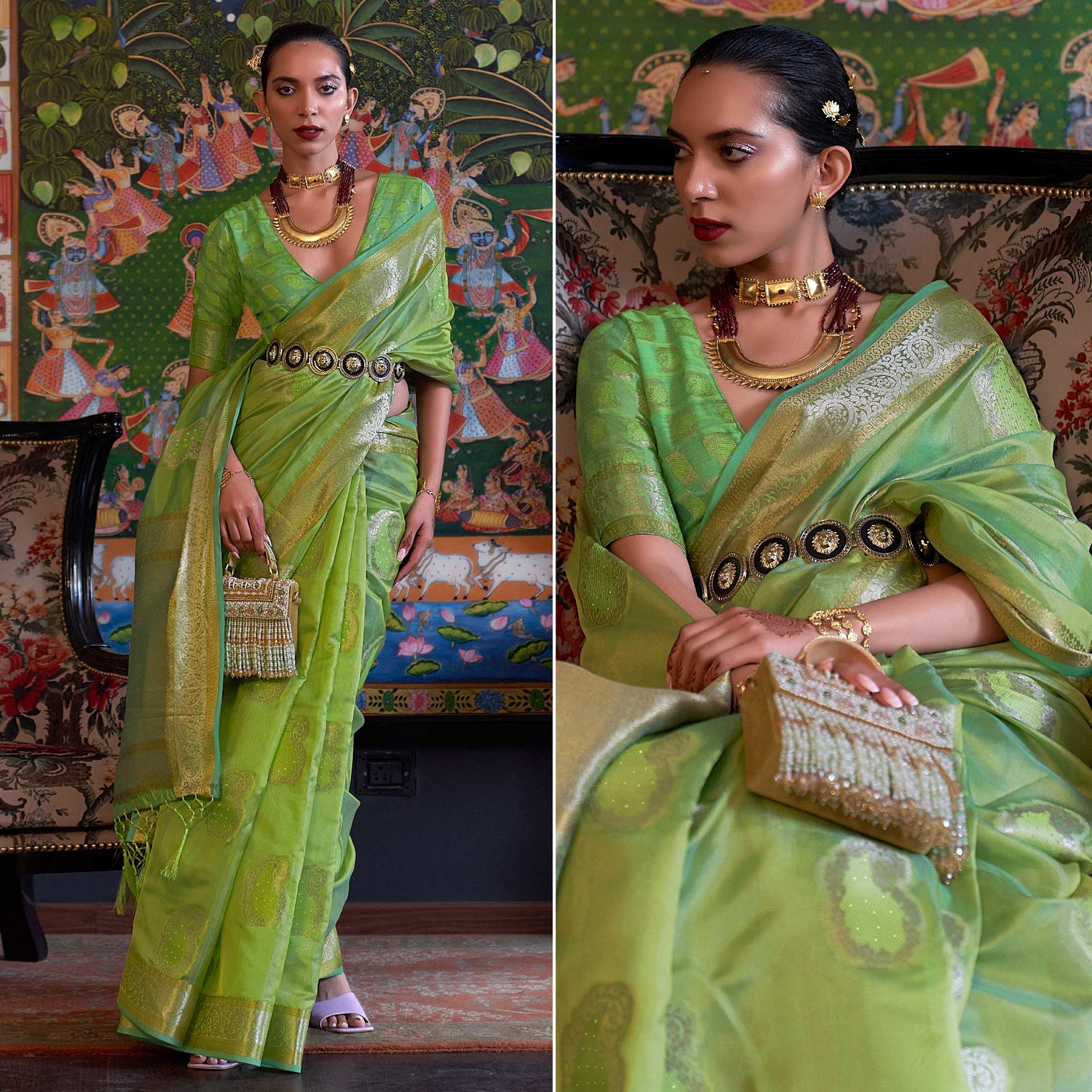1-green-woven-organza-saree-with-tassels