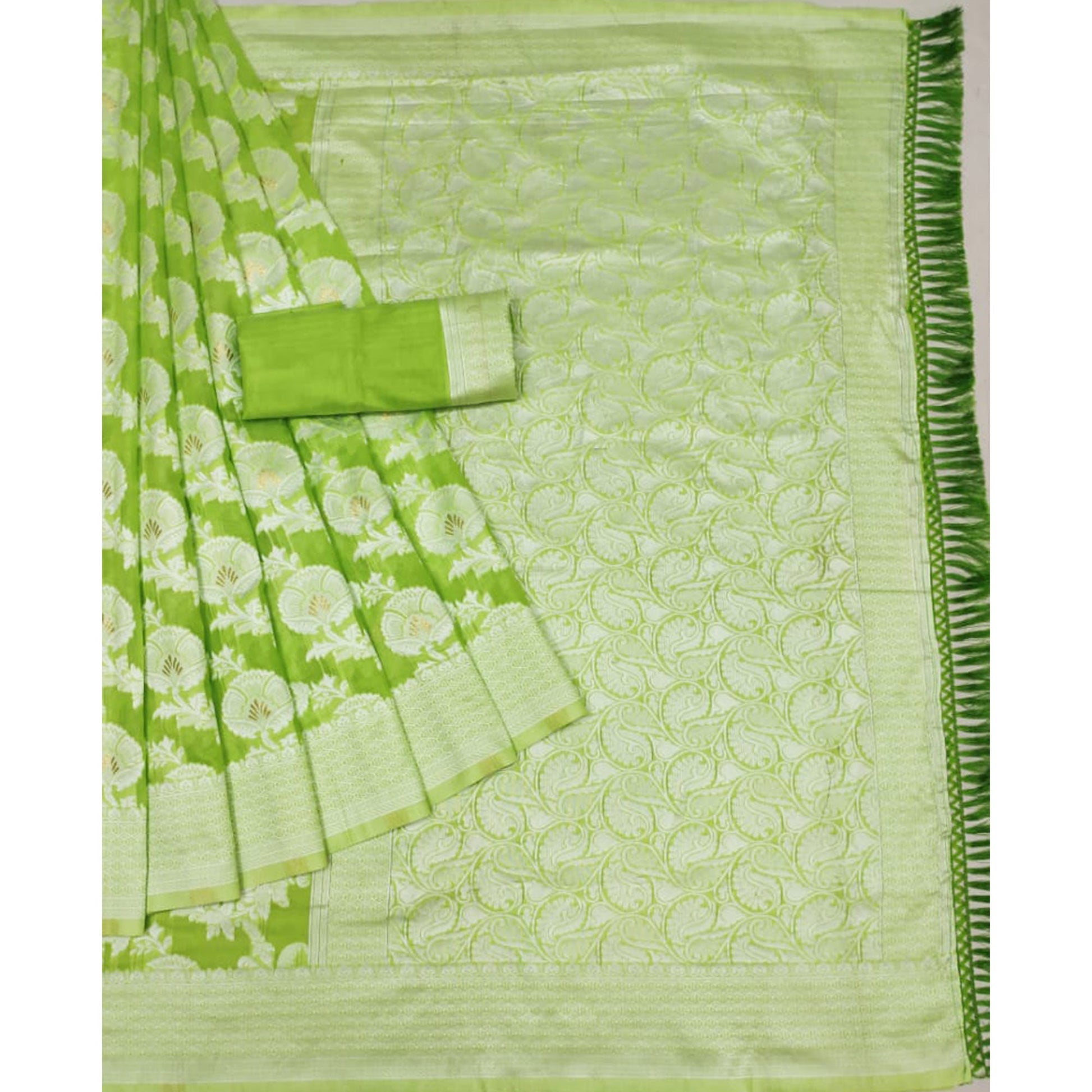 green-woven-poly-cotton-saree-with-tassels-1