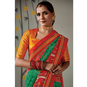 green-printed-patola-art-silk-saree-with-tassels