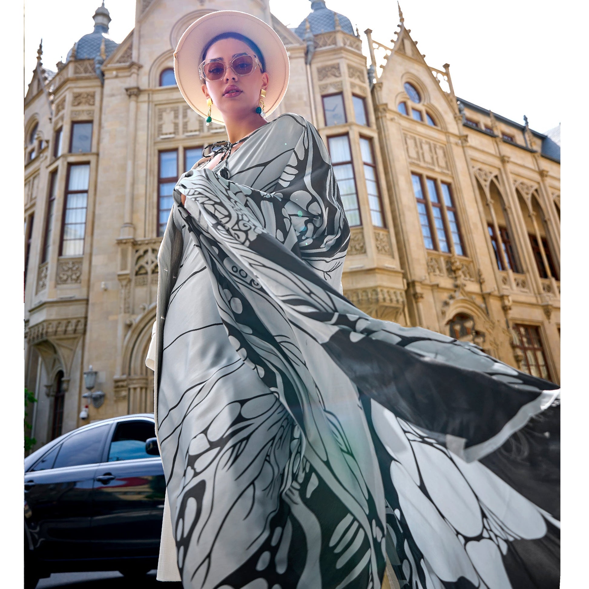 Grey Printed Crepe Saree