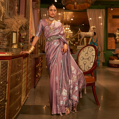 Dusty Pink Floral Woven Satin Saree With Tassels