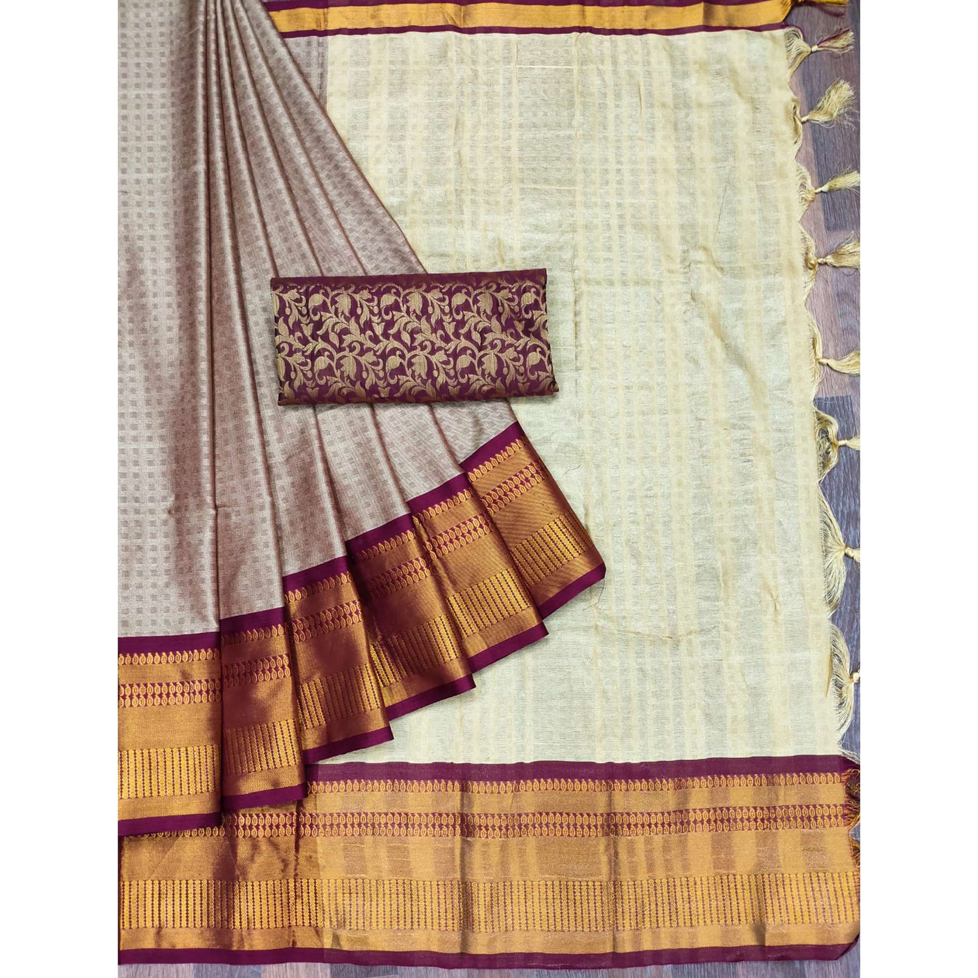 Chikoo Woven Cotton Silk Saree With Tassels