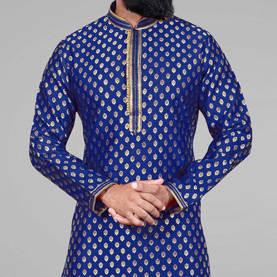 Blue Woven Jacquard Kurta Pyjama Set