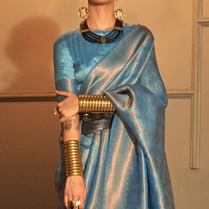 Blue Woven Art Silk Saree With Tassels