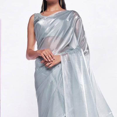Grey Solid Organza Saree With Tassels