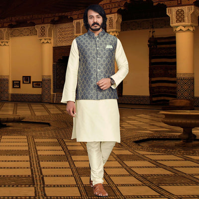 Cream Blue Woven Art Silk Kurta Pyjama Set With Jacket