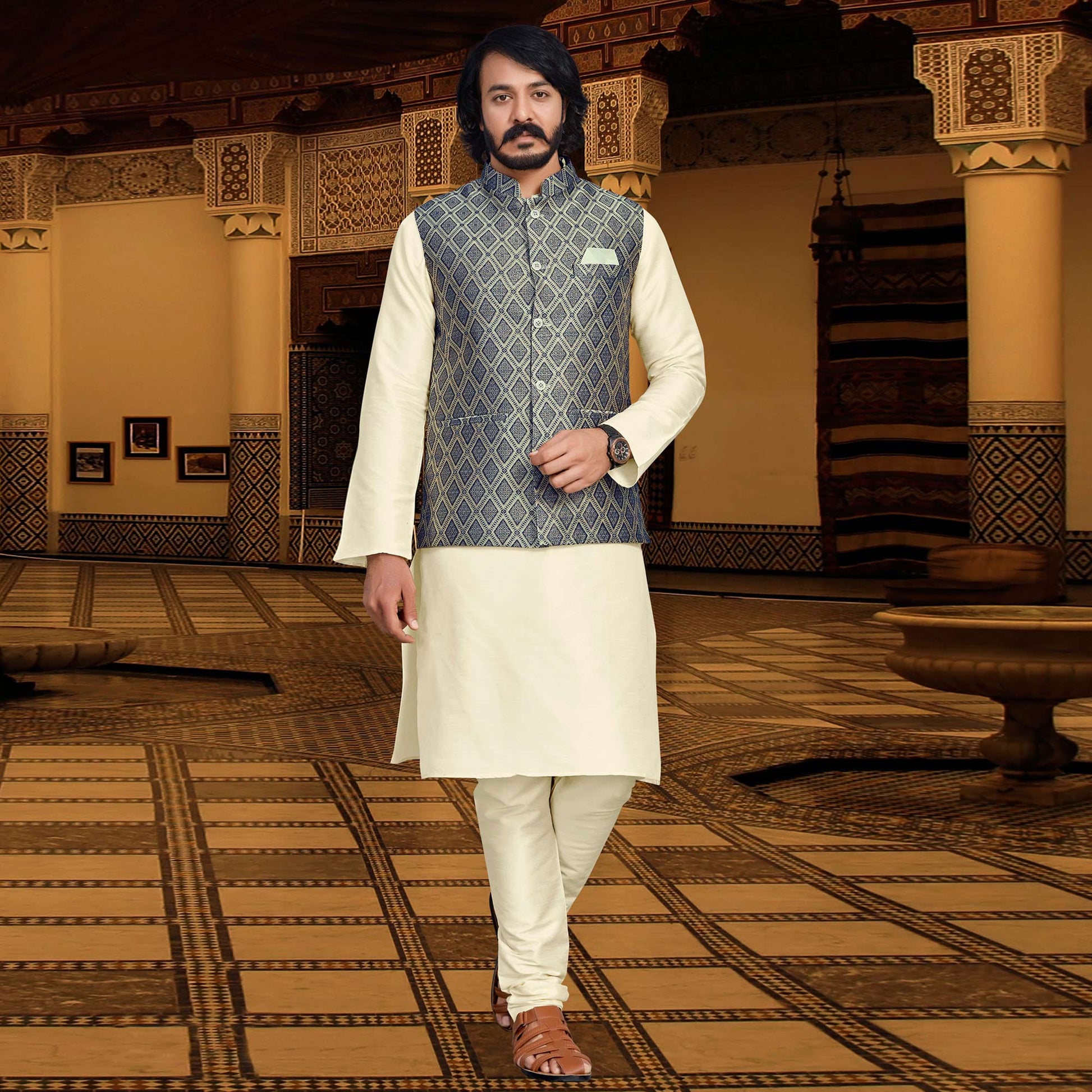 Cream Blue Woven Art Silk Kurta Pyjama Set With Jacket
