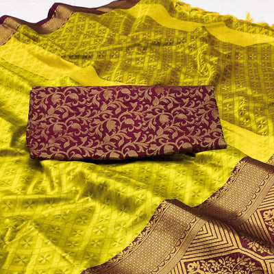 Lemon Green Woven Cotton Silk Saree With Tassels