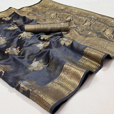 Grey Woven Organza Saree