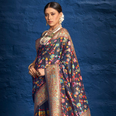 Blue Woven Art Silk Saree With Tassels