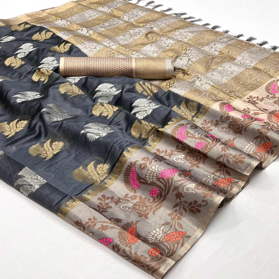 7grey-floral-woven-organza-saree-with-tassels