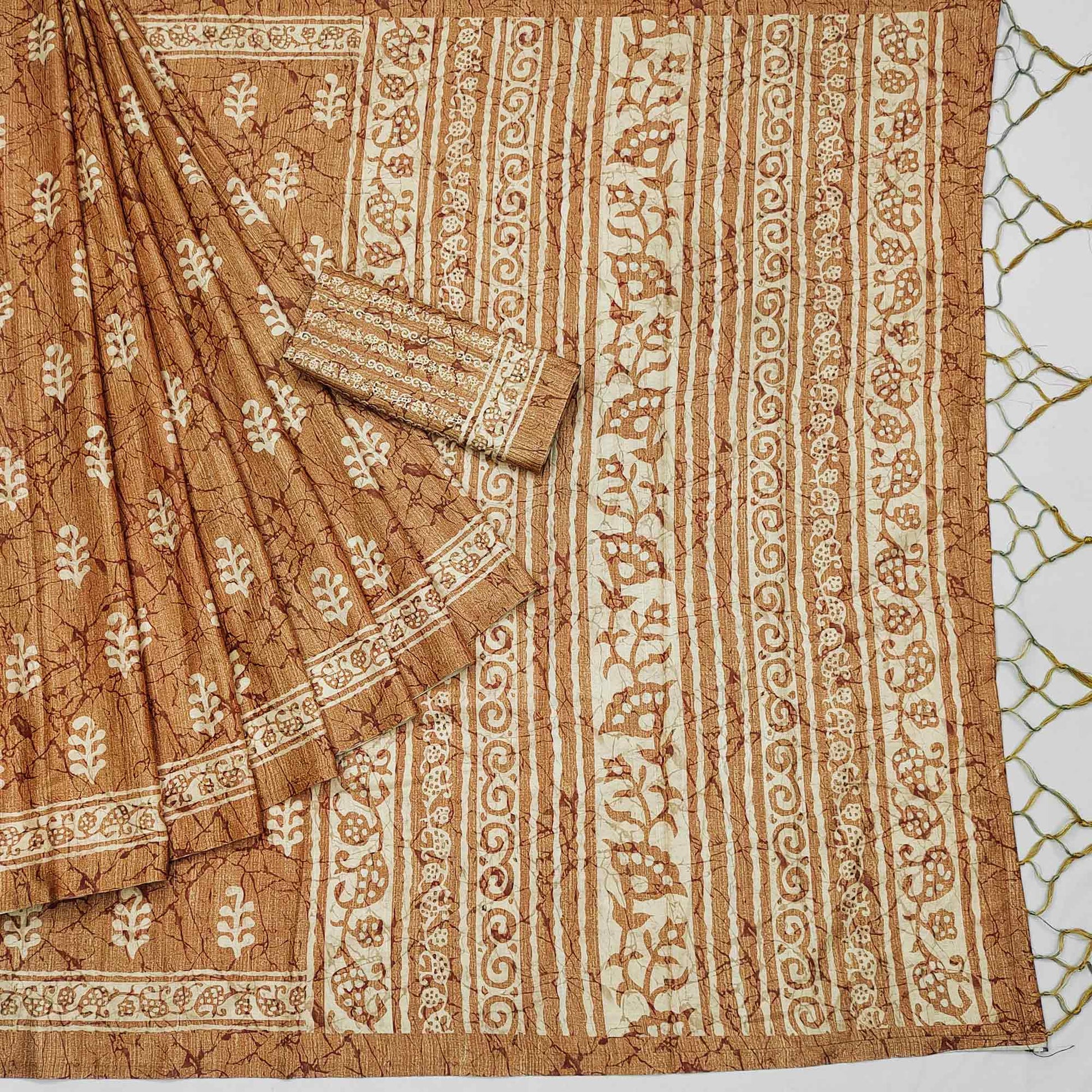 Brown Floral Digital Printed Tussar Silk Saree With Tassels