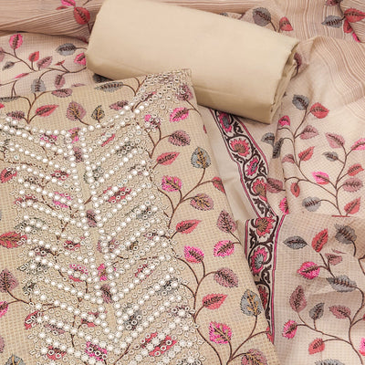 Chikoo Floral Printed-Mirror Work Pure Cotton Dress Material
