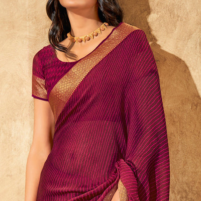 Magenta Purple Printed Chiffon Saree With Brocade Lace