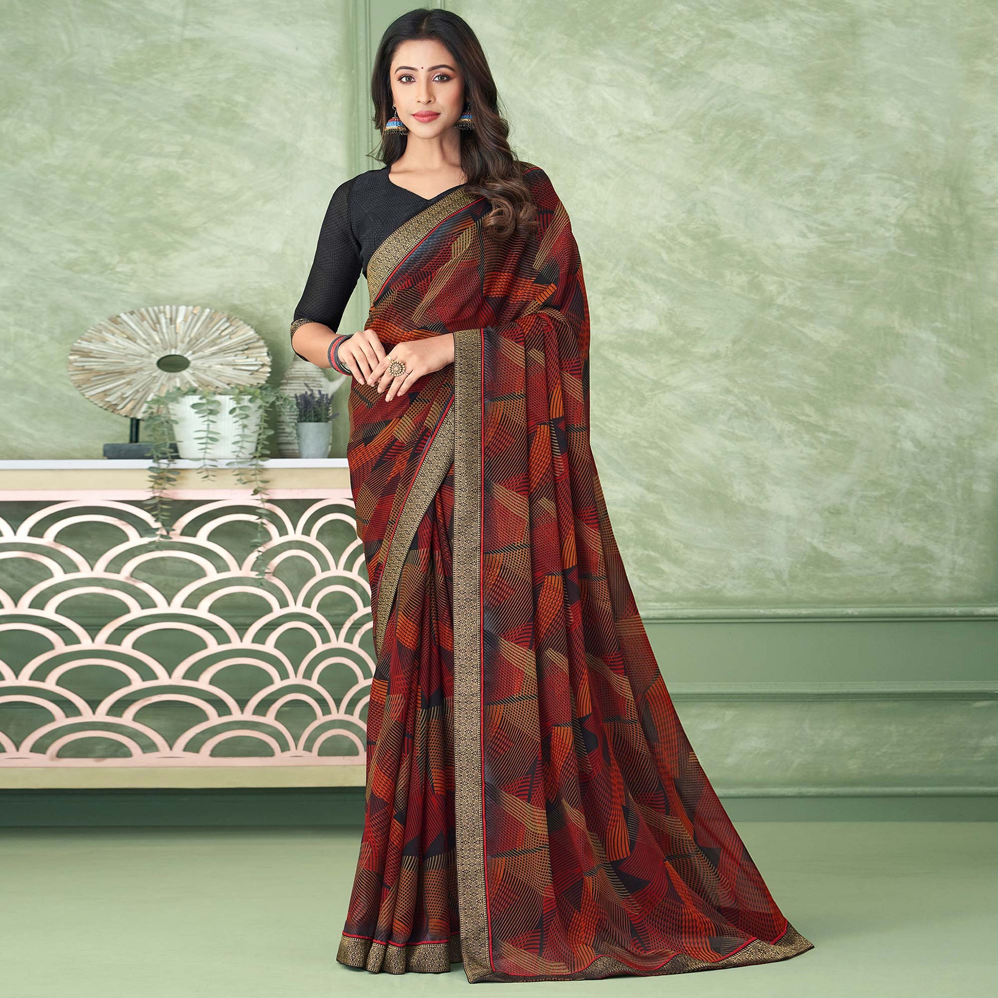 Multicolor Digital Printed Chiffon Saree With Lace Border