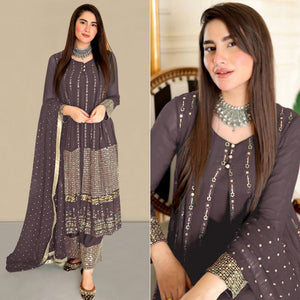 Brown Sequins Embroidered Georgette Pakistani Suit