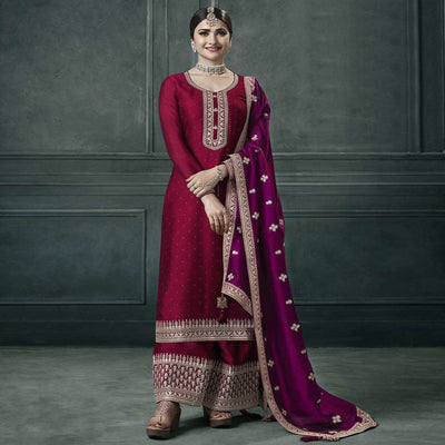 Magenta Purple  Embroidered Georgette Semi Stitched Palazzo Suit