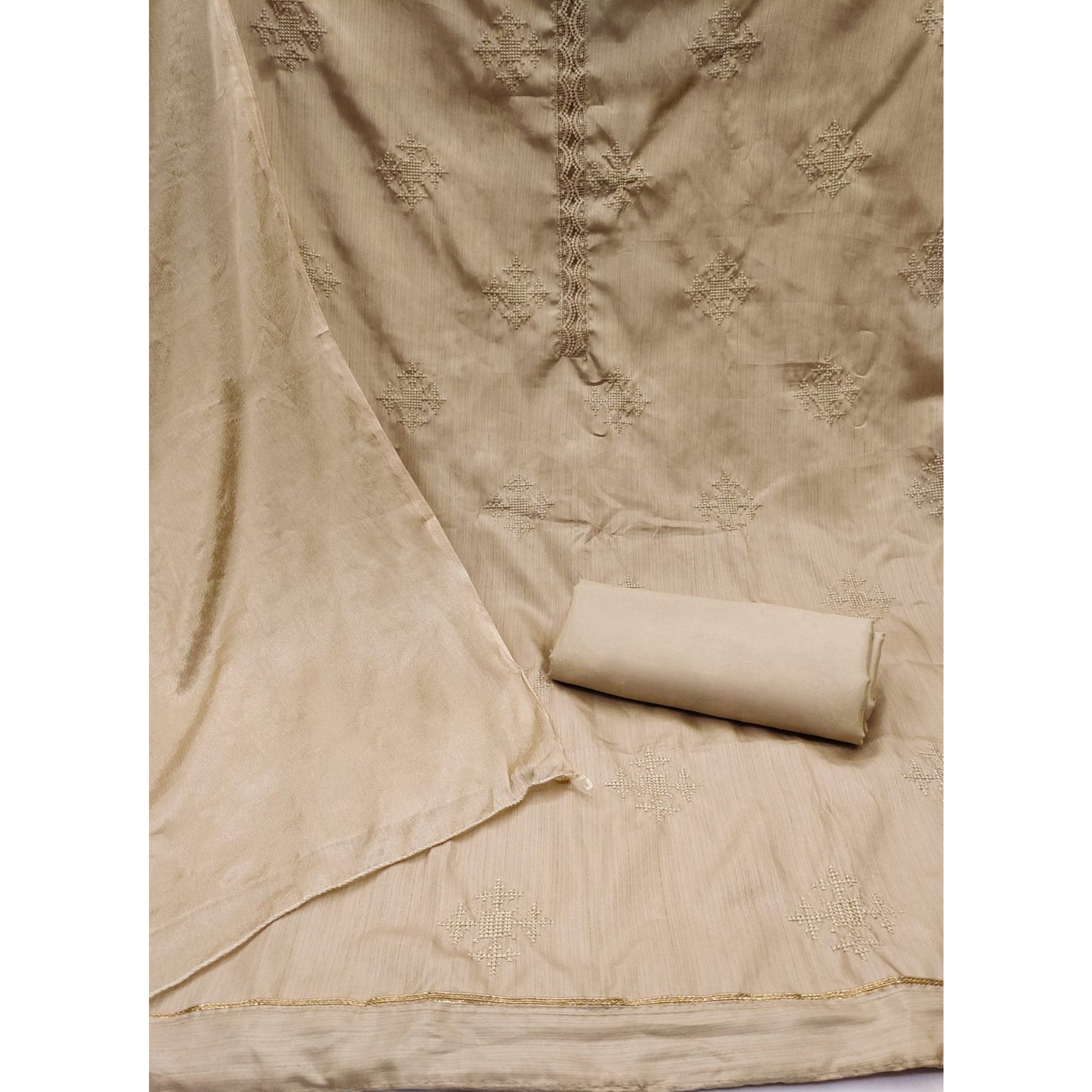 Light Chikoo Embroidered Raw Silk Dress Material