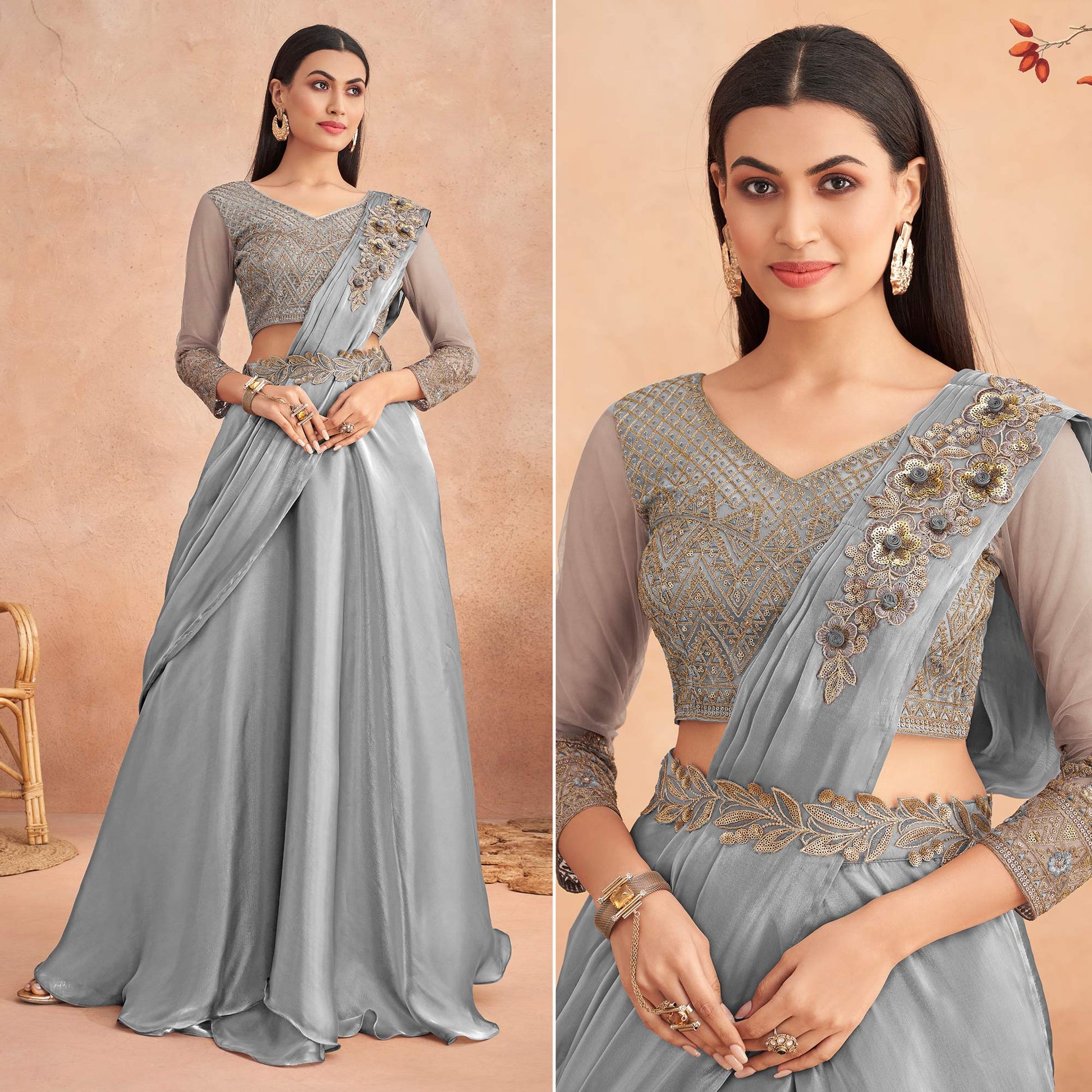 Grey Sequins Embroidered Ready to Wear Art Silk Saree