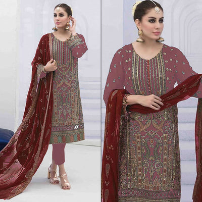 Mauve Embroidered Georgette Semi Stitched Pakistani Suit