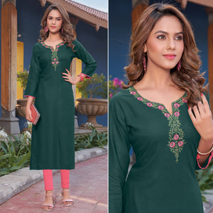 Dark Green Embroidered Rayon Kurti