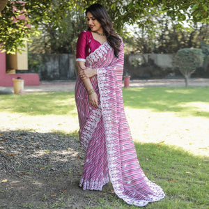 Magenta Pink Digital Printed With Embroidered Organza Saree
