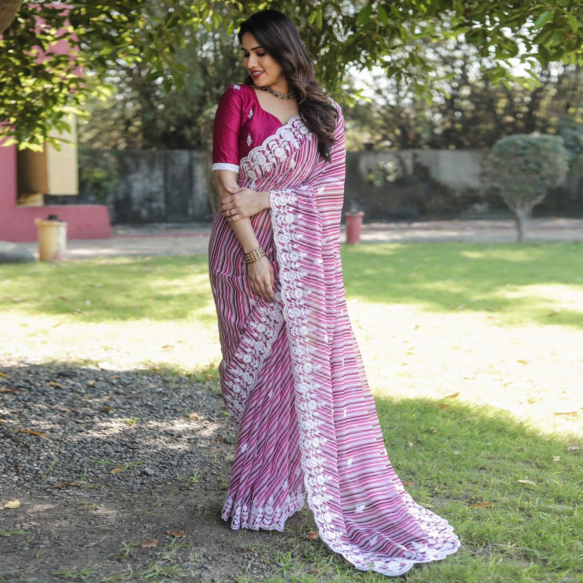 Magenta Pink Digital Printed With Embroidered Organza Saree