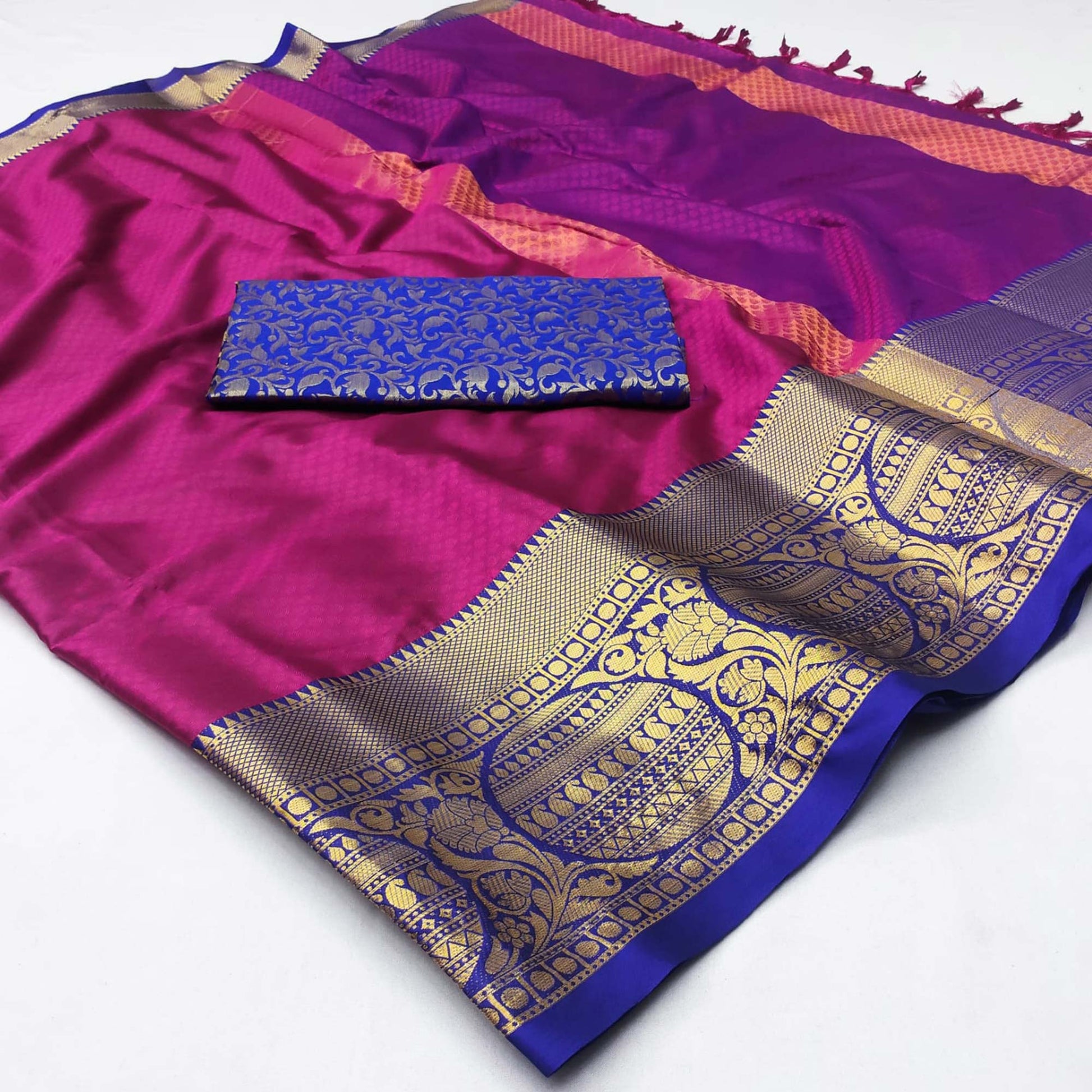 Magenta Pink Woven Cotton Silk Saree With Tassels