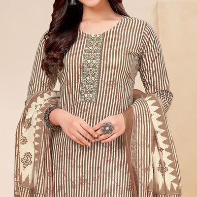 Brown Printed With Tie Embroidered Pure Cotton Suit