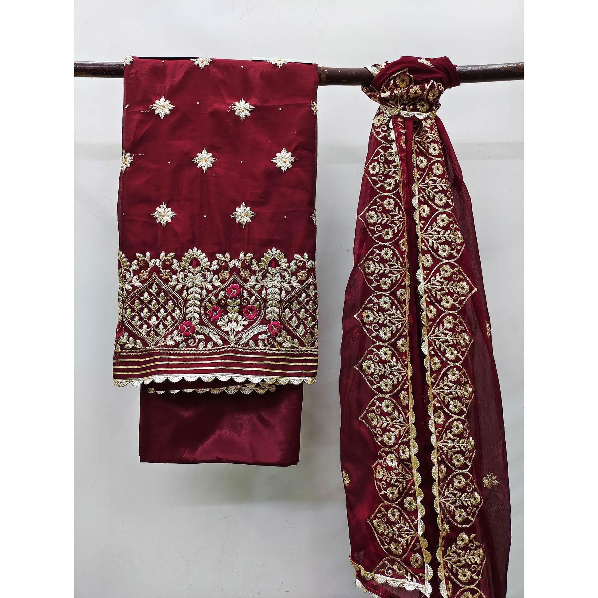 Maroon Floral Embroidered Modal Dress Material