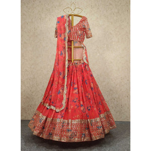 Coral Red Floral Printed And Sequins Work Georgette Lehenga Choli