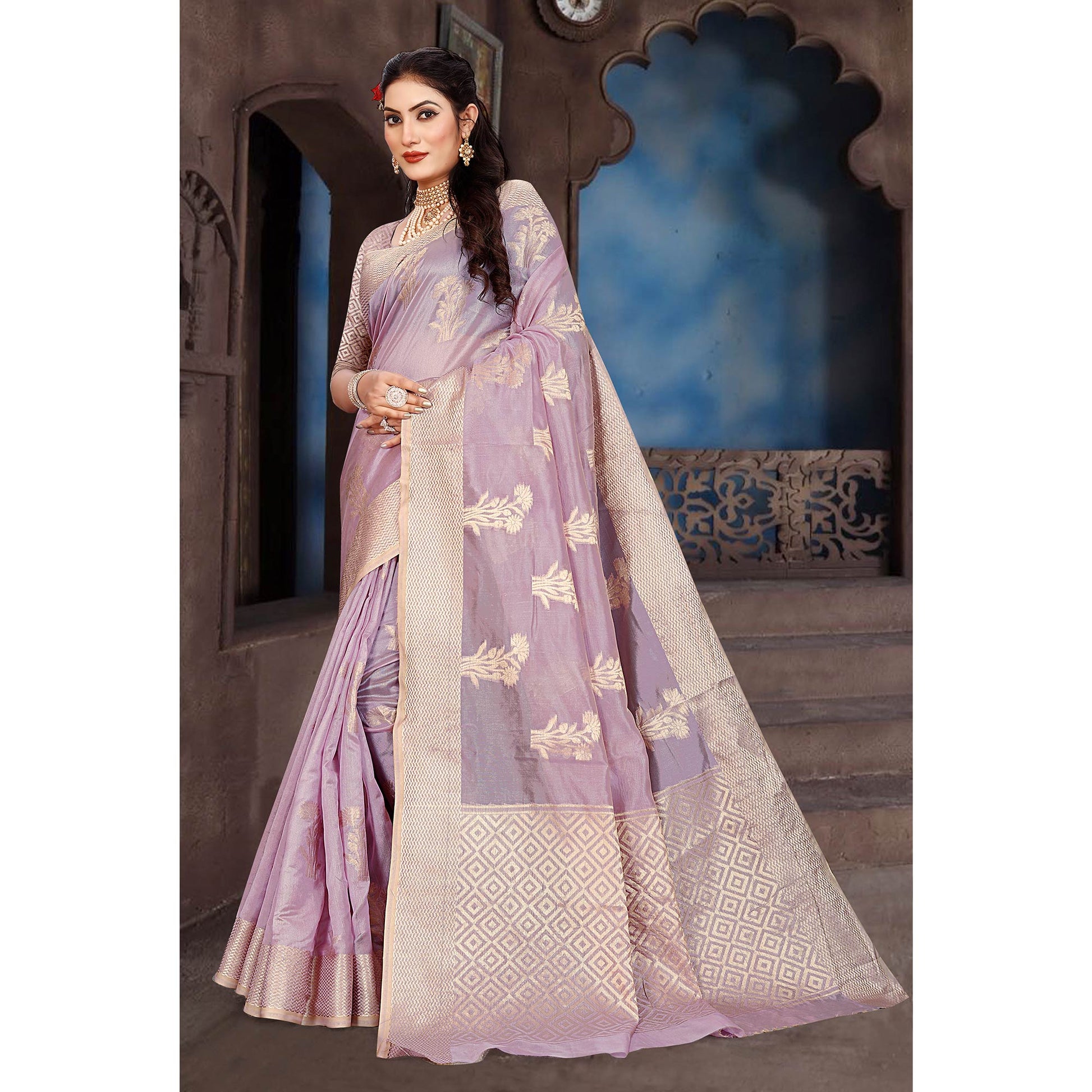 Light Purple Floral Woven Organza Saree