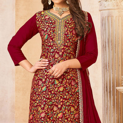 Maroon Woven Dola Silk Suit