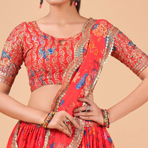 Coral Red Floral Printed And Sequins Work Georgette Lehenga Choli