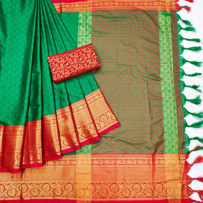 green-printed-and-woven-cotton-silk-saree-with-tassels
