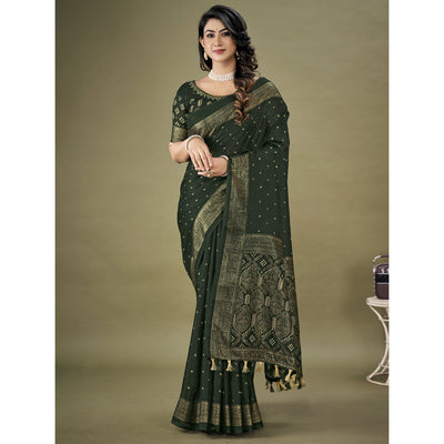 green-bandhani-printed-with-zari-border-jute-saree
