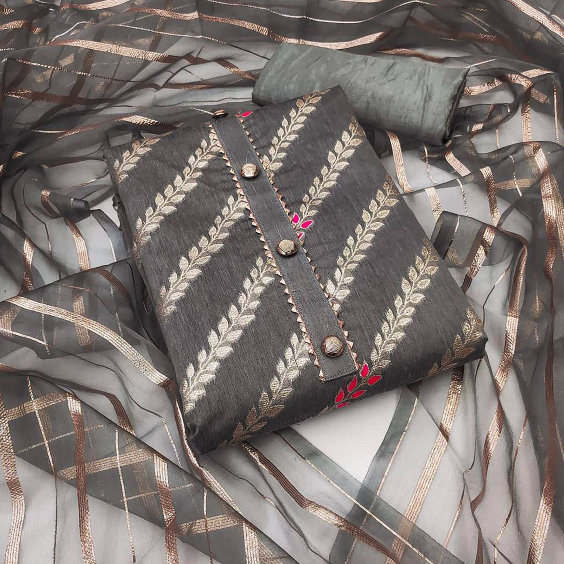 Grey Woven Banarasi Silk Dress Material