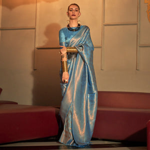 Blue Woven Art Silk Saree With Tassels