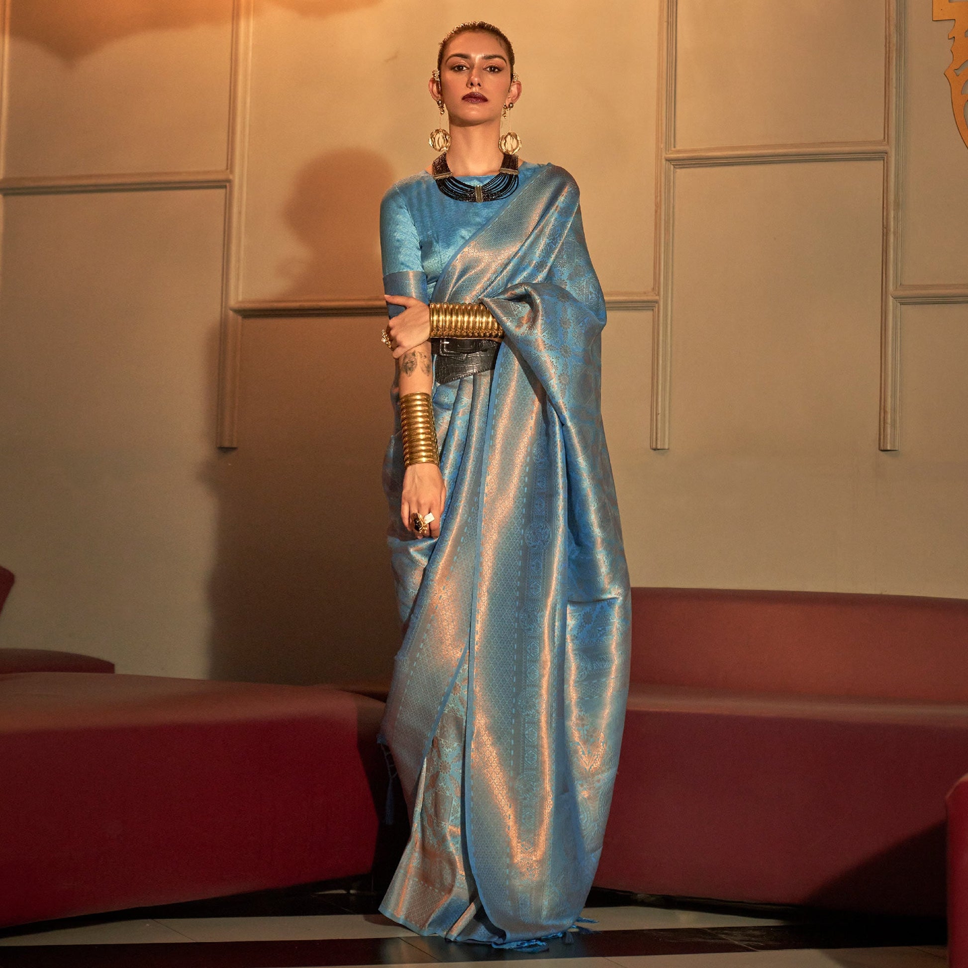 Blue Woven Art Silk Saree With Tassels