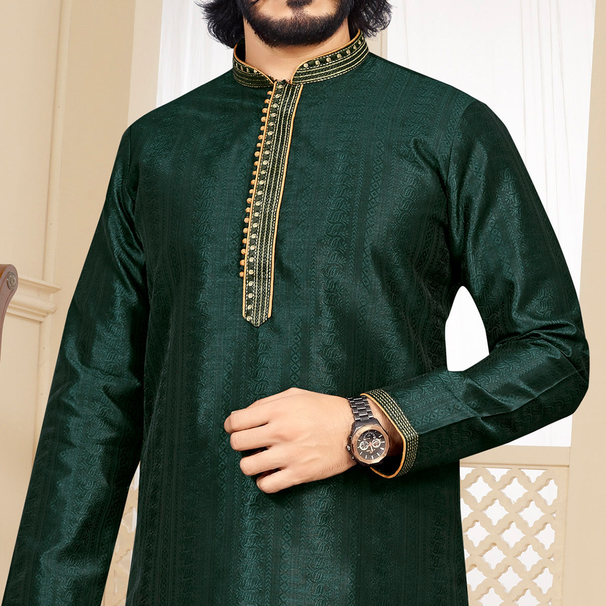 green-woven-jacquard-kurta-pyjama-set-2