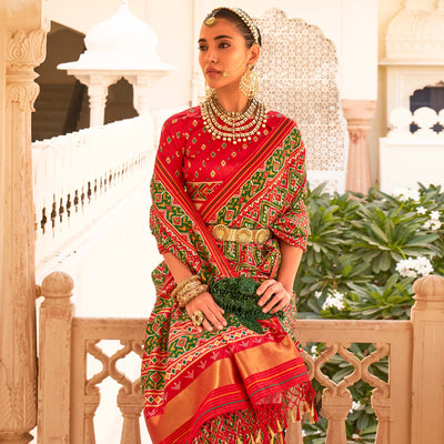 b-green-red-printed-tussar-silk-saree-with-tassels