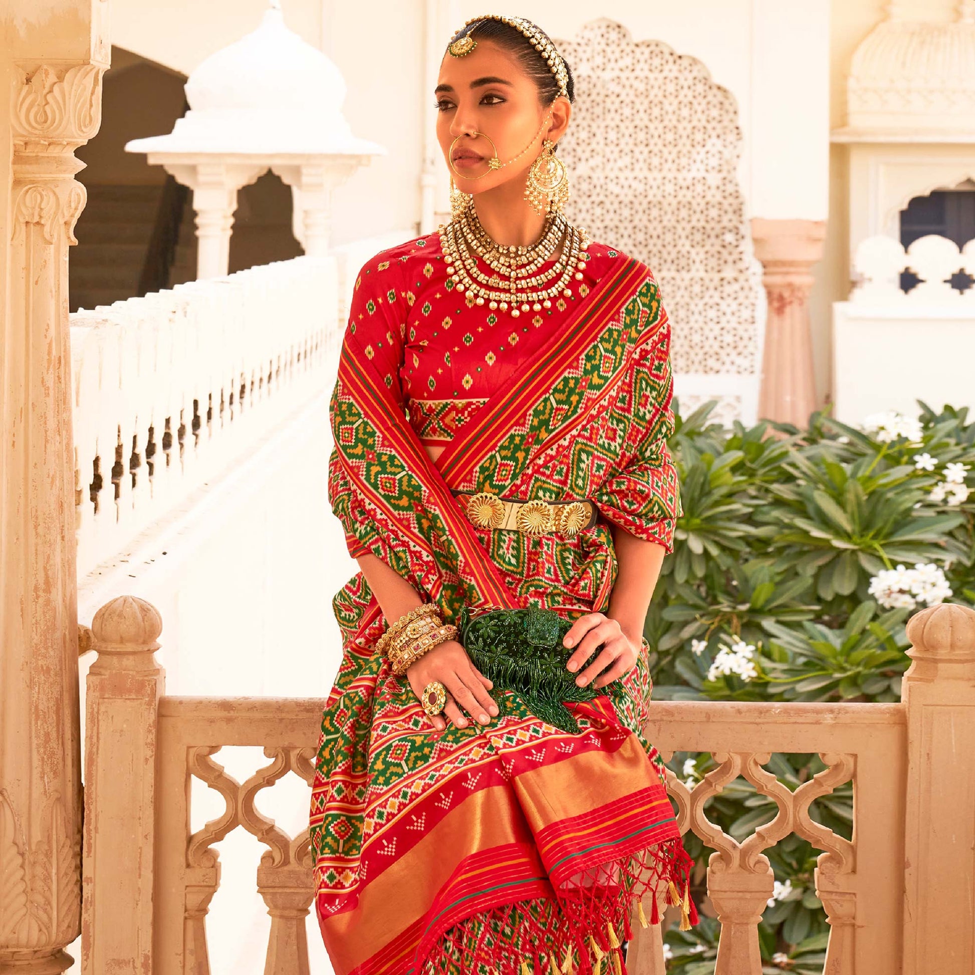 b-green-red-printed-tussar-silk-saree-with-tassels