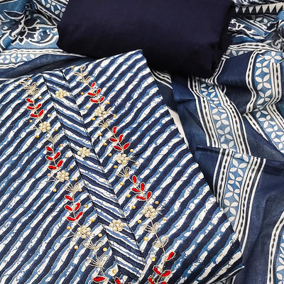 Blue Striped Printed Pure Cotton Dress Material