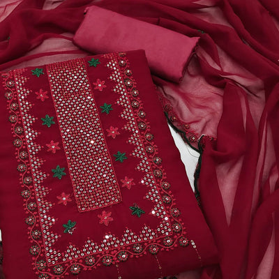Maroon Sequins Embroidered Georgette Dress Material