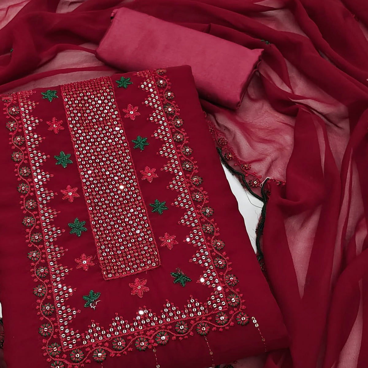 Maroon Sequins Embroidered Georgette Dress Material